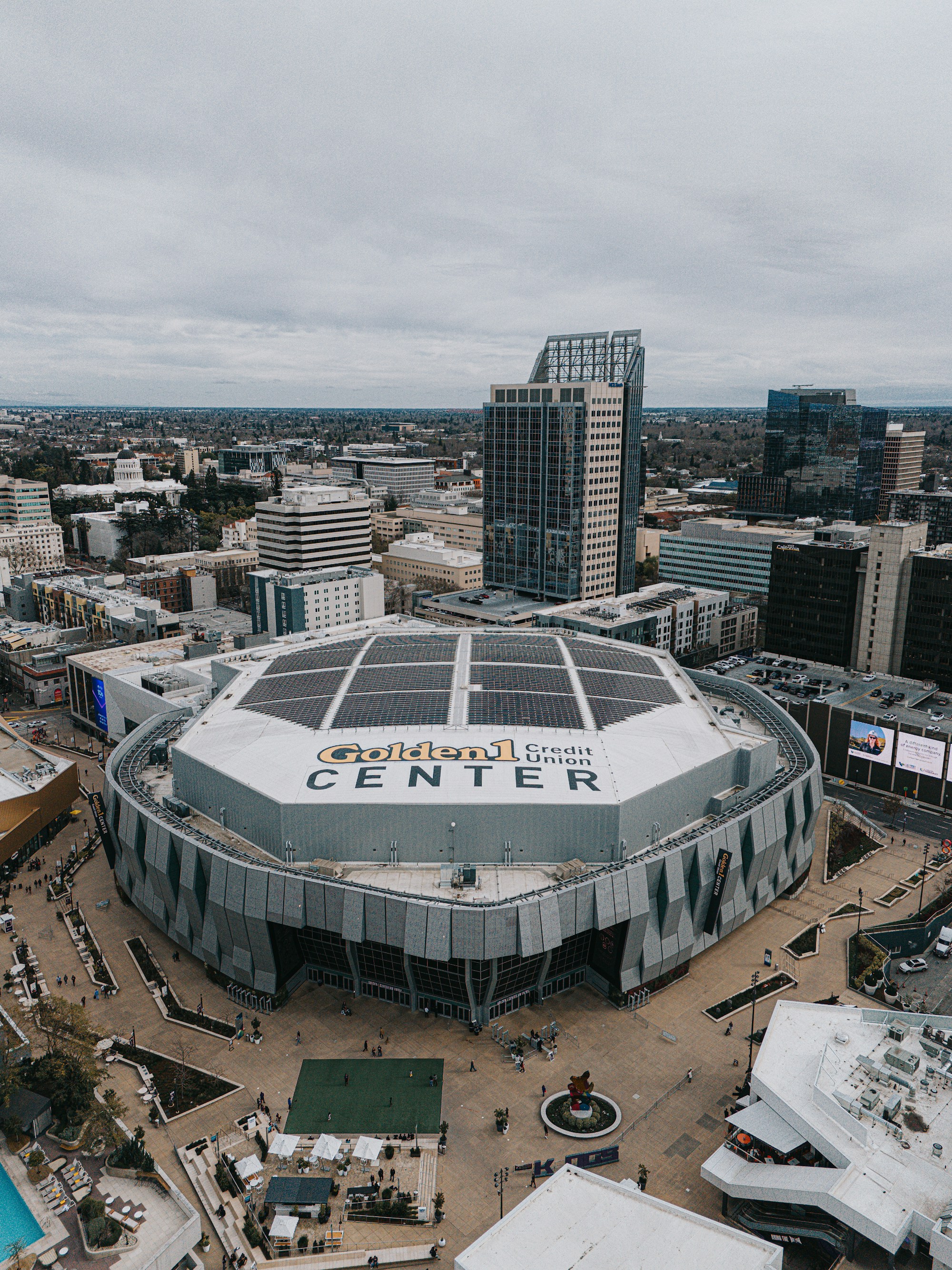Aerial view of Golden 1 Center in downtown Sacramento